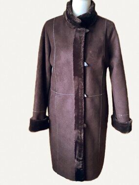 NOVELTI Vintage Faux Suede Shearling Midi Coat Brown Penny Lane Jacket M Sherpa